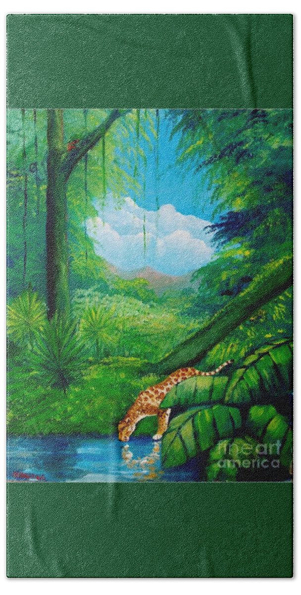 Rain Forest Bath Towel featuring the painting Jaguar drinking water by Jean Pierre Bergoeing