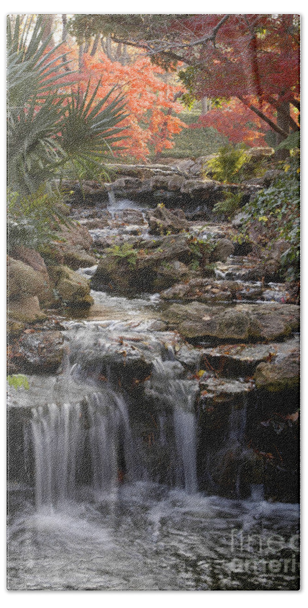 Waterfall Photography Bath Towel featuring the photograph Waterfall in the Japanese Gardens, Ft. Worth, Texas by Greg Kopriva