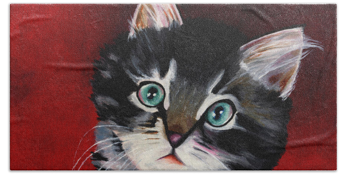 Kitten Bath Towel featuring the painting Kitten in Red by Vic Ritchey