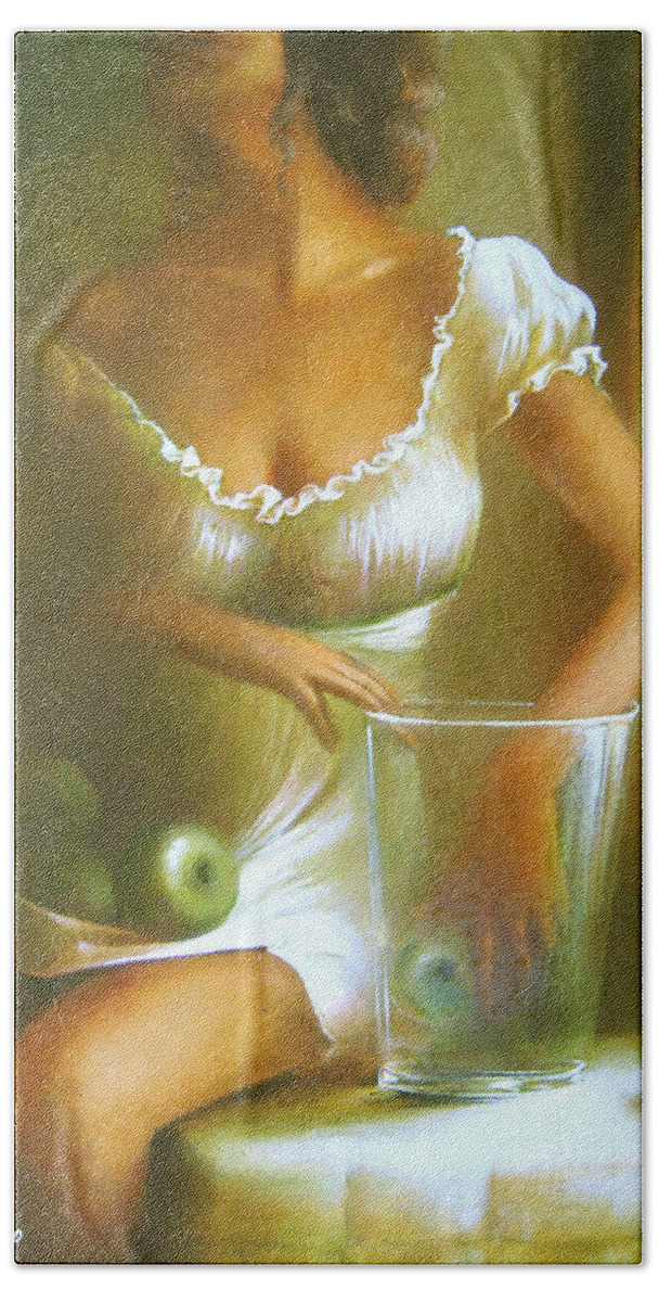 Lady Bath Towel featuring the painting Lady with green apples by Vali Irina Ciobanu