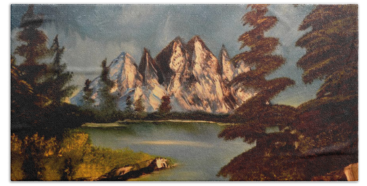 Mountains Bath Towel featuring the painting LakeView by Maria Urso