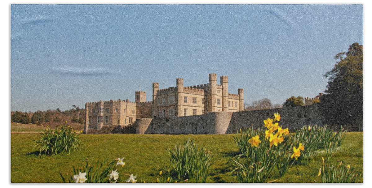 Leeds Castle Bath Towel featuring the photograph Leeds Castle in Spring 2 by Chris Thaxter