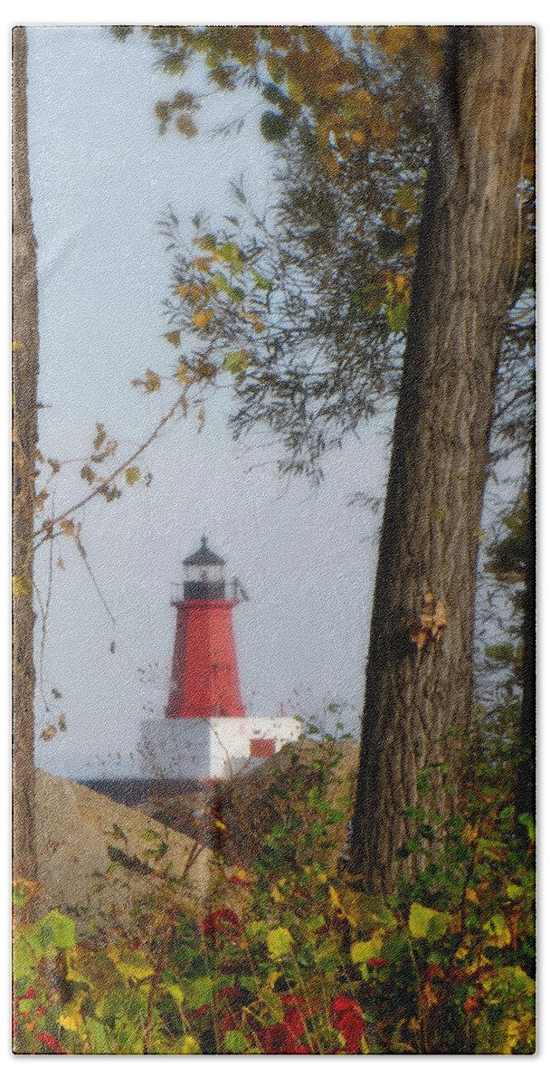 Landscapes Photograph Bath Towel featuring the photograph Lighthouse Mist by Ms Judi