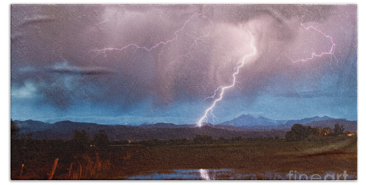 Lightning Bath Towel featuring the photograph Lightning Striking Longs Peak Foothills 2 by James BO Insogna