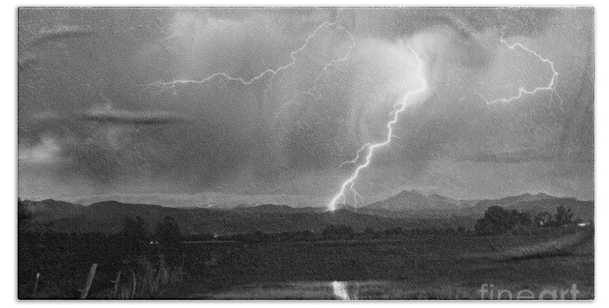 Awesome Bath Towel featuring the photograph Lightning Striking Longs Peak Foothills 2BW by James BO Insogna