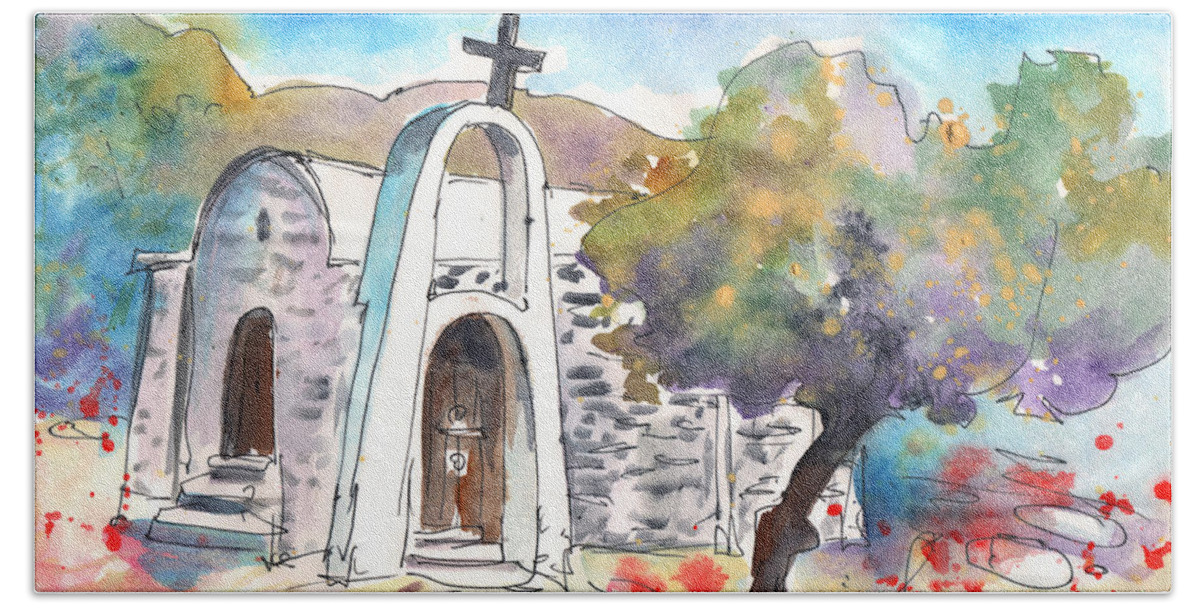 Travel Sketch Bath Towel featuring the painting Little Church in Elounda by Miki De Goodaboom
