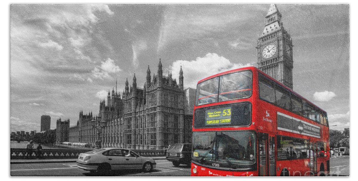 Yhun Suarez Hand Towel featuring the photograph London Big Ben And Red Bus by Yhun Suarez
