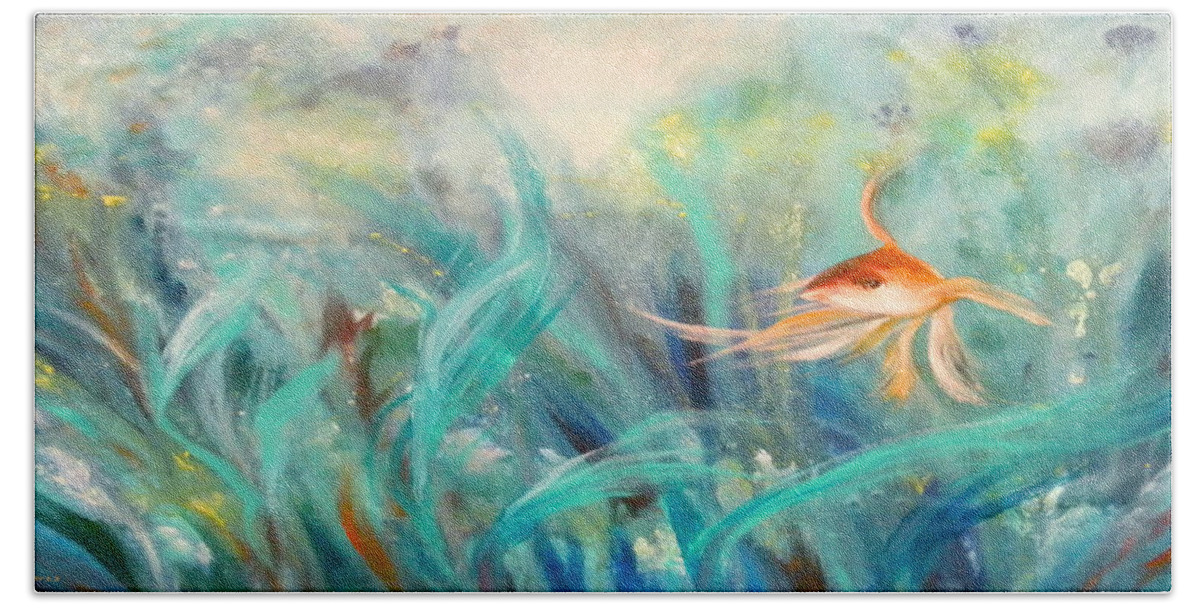 Fish Bath Towel featuring the painting Looking - Panoramic Painting by Gina De Gorna