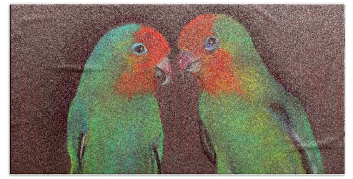 Lovebirds Hand Towel featuring the drawing Lovebirds by Wendy McKennon