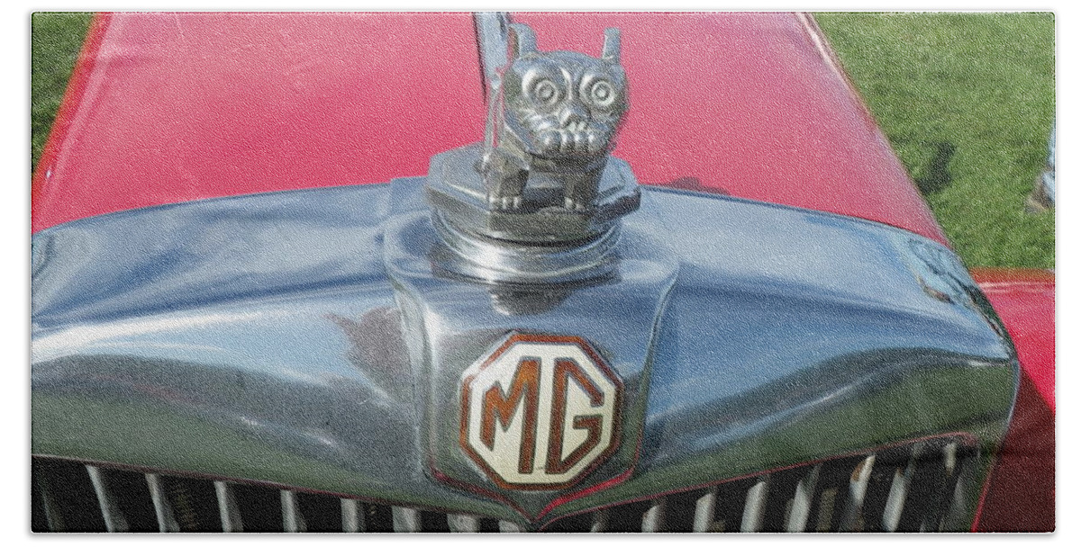 Transportation Car Vintage British Automobile Vehicle Mg Hood Ornament Hand Towel featuring the photograph M G Hood 1 by Anna Ruzsan