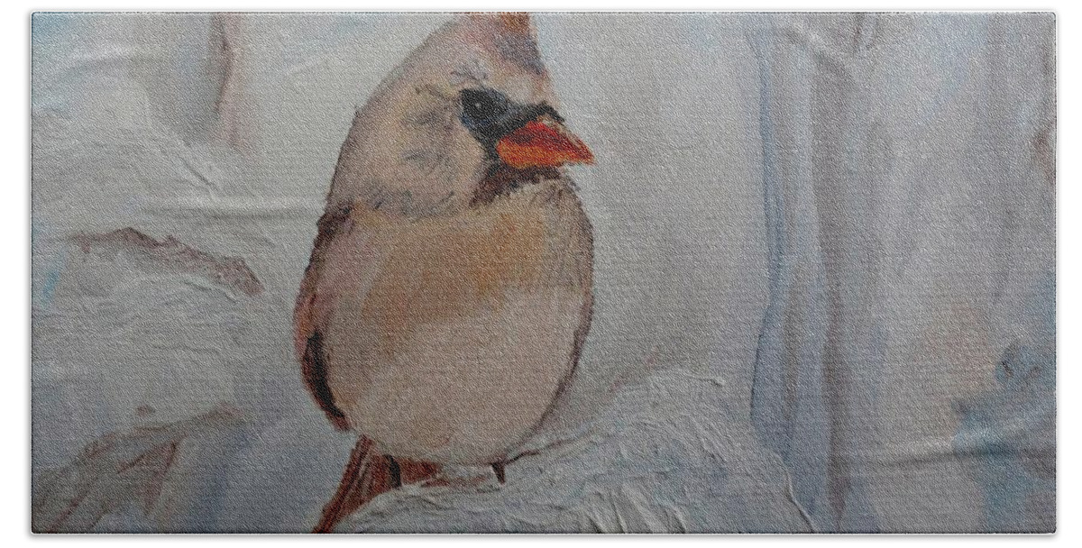 Cardinal Hand Towel featuring the painting Mama's On Her Way Home by Julie Brugh Riffey
