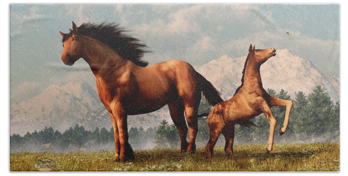 Horse Mustang Wild Feral Gallop Galop Pinto Galloping Pony Express Fast American West Western Equus Equine Freedom Spring Springtime Rockies Rocky Mountains Grassy Field Plains Hand Towel featuring the digital art Mare and Foal by Daniel Eskridge