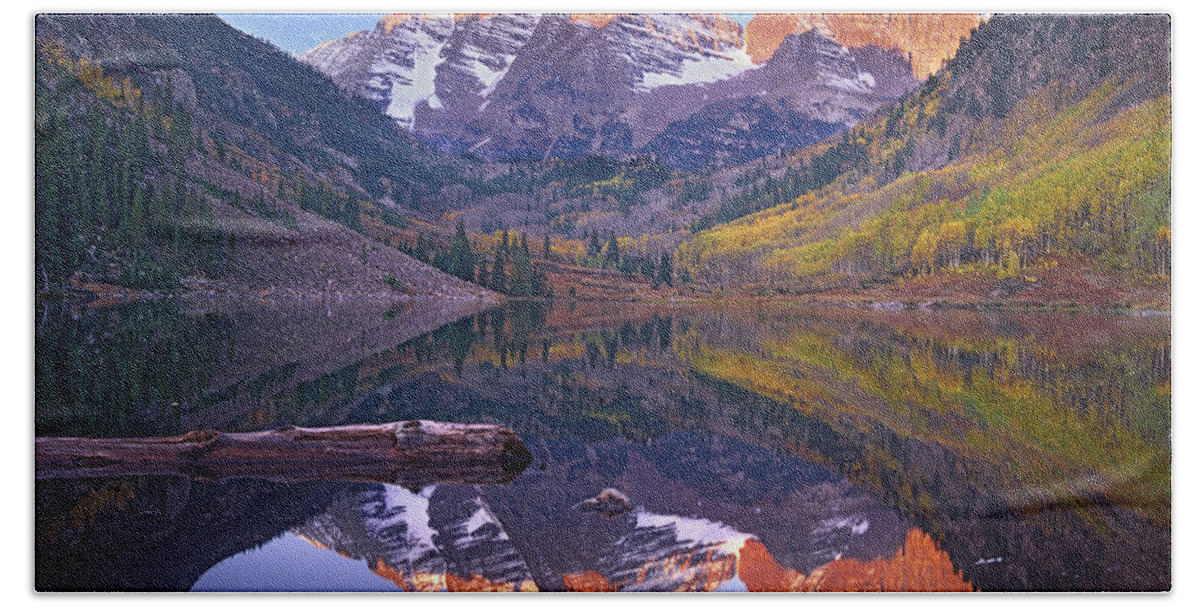 00175844 Bath Towel featuring the photograph Maroon Bells Reflected In Maroon Bells by Tim Fitzharris