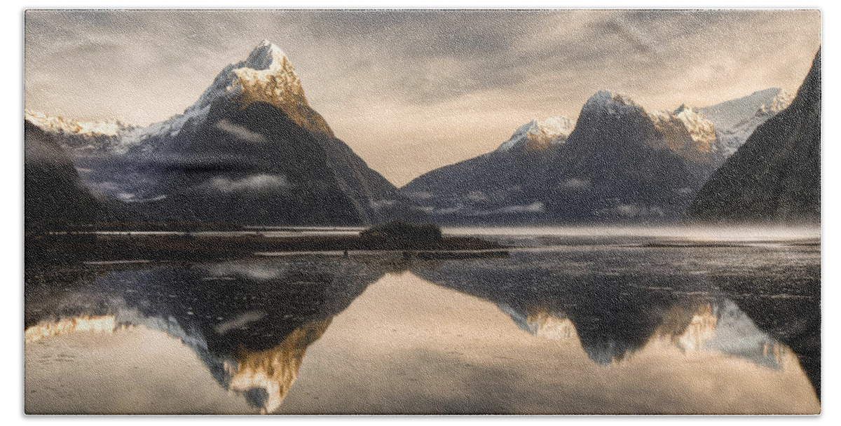 00446721 Bath Towel featuring the photograph Mitre Peak And Milford Sound by Colin Monteath