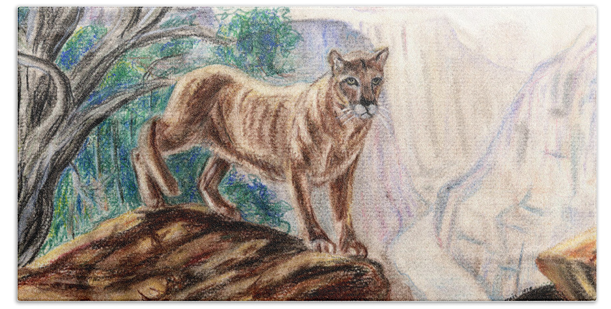 Mountain Lion Bath Towel featuring the painting Mountain Lion by Clara Sue Beym
