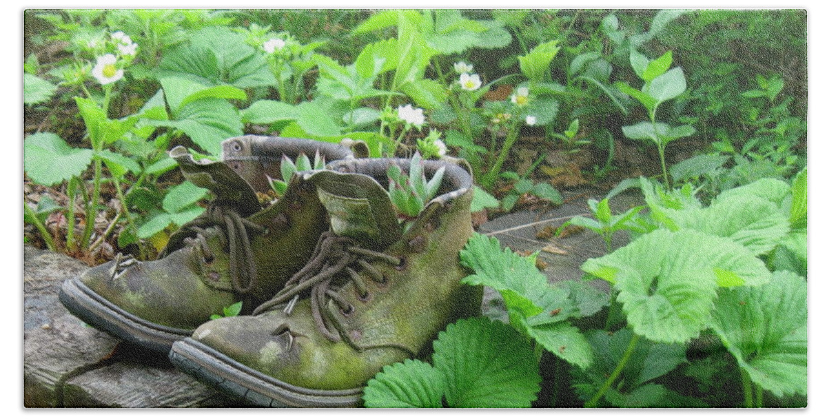 Strawberry Plants Bath Towel featuring the photograph My Favorite Boots by Nancy Patterson