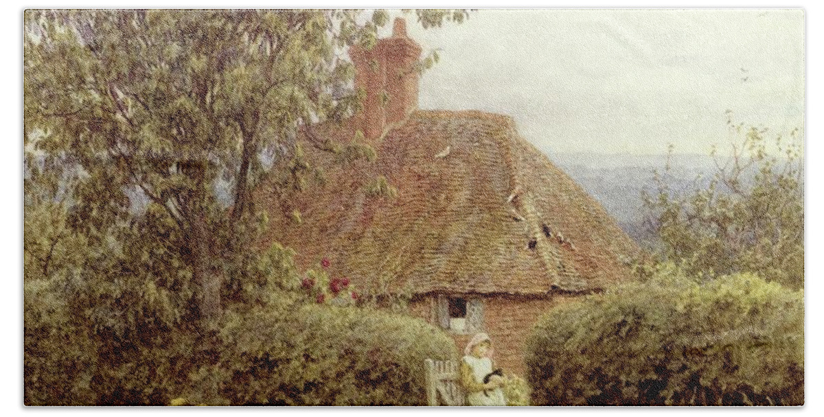 Cottage; Child; Gate; Rural Scene; Country; Countryside; Home; House; Kitten; Path; Wildflowers; Picturesque; Idyllic; Female Hand Towel featuring the painting Near Haslemere by Helen Allingham