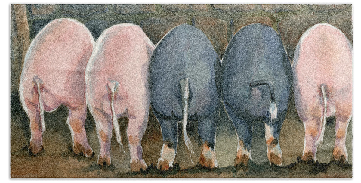 Pigs Hand Towel featuring the painting No More Butts About It by Marsha Elliott