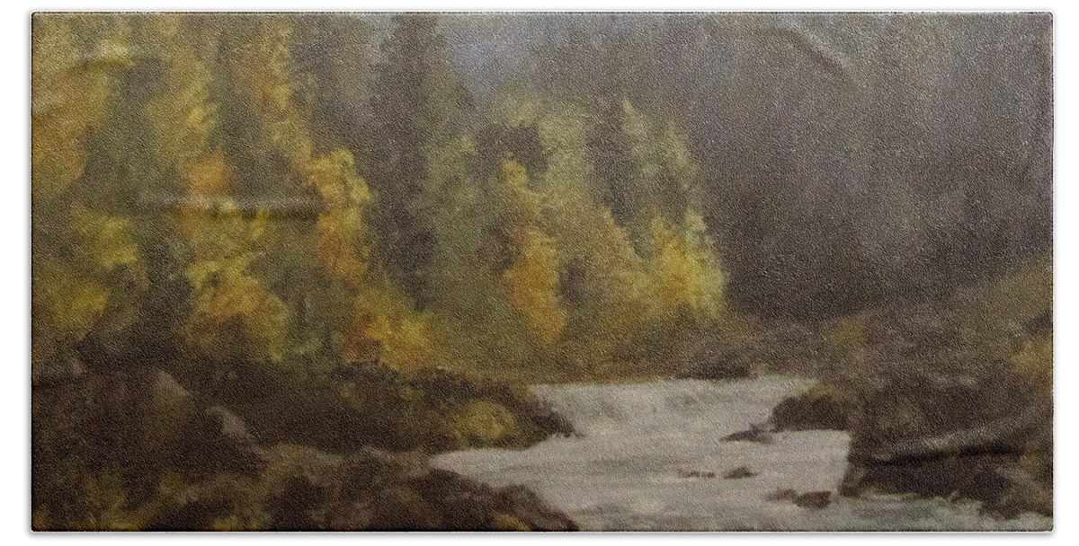 Landscape Bath Towel featuring the painting North Umpqua Autumn by Karen Ilari