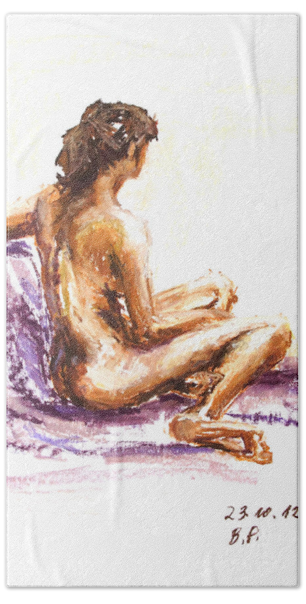 Barbara Pommerenke Bath Towel featuring the drawing Nude 23-10-12-3 by Barbara Pommerenke