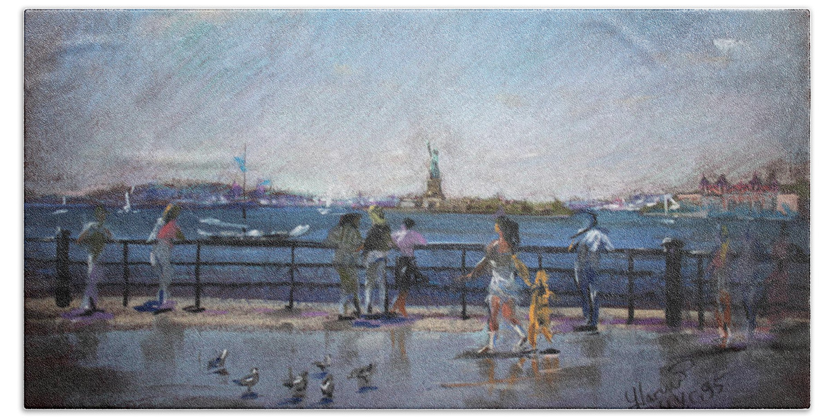 Ny City Hand Towel featuring the pastel NYC Grand Ferry Park 2 by Ylli Haruni