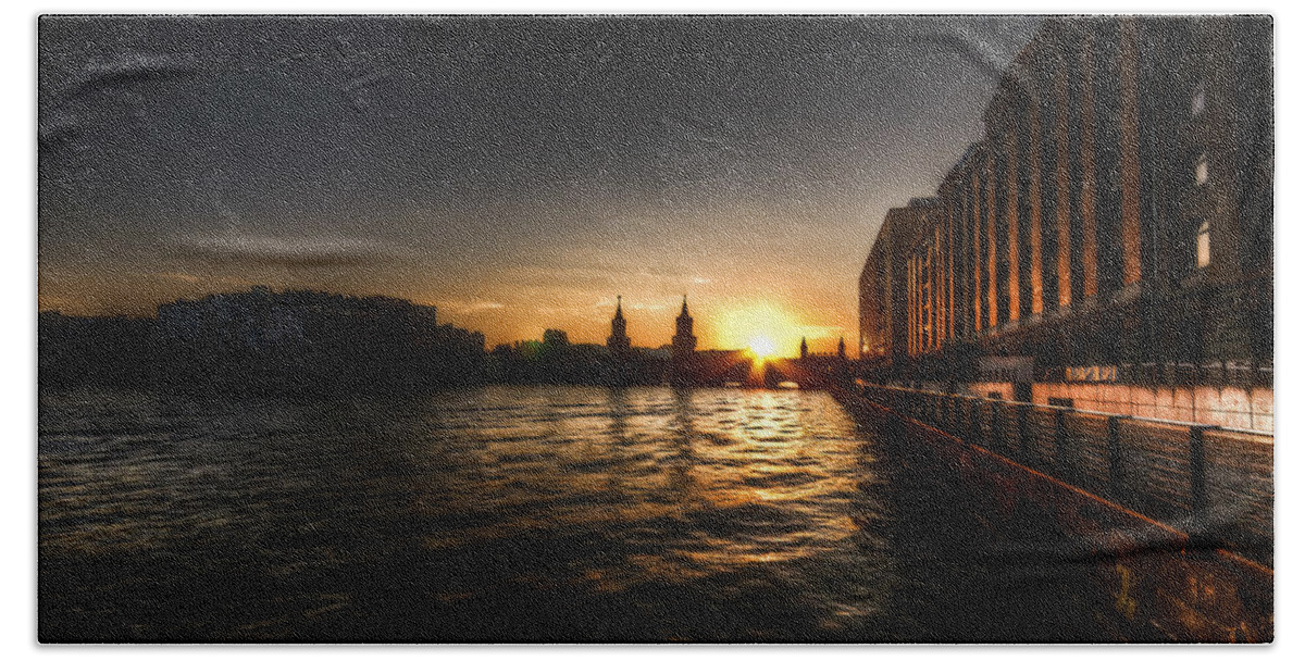 Architecture Bath Towel featuring the photograph Old docks sunset. by Nathan Wright