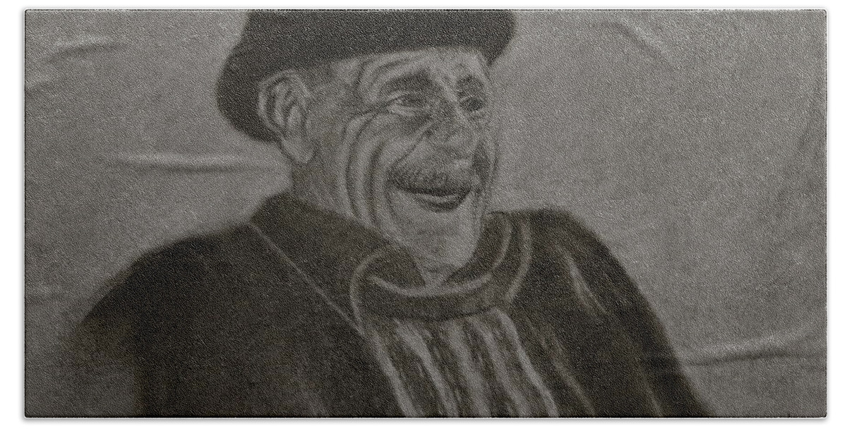 Charcoal. Man Bath Towel featuring the drawing Old Man Laughing by Michael Brennan