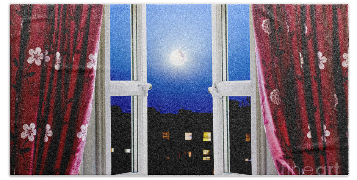 Night Bath Towel featuring the photograph Open window at night by Simon Bratt