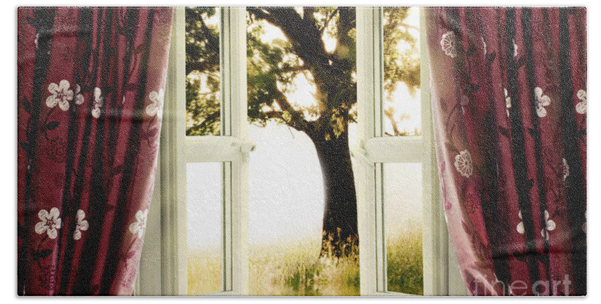 Window Bath Towel featuring the photograph Open window to tree by Simon Bratt