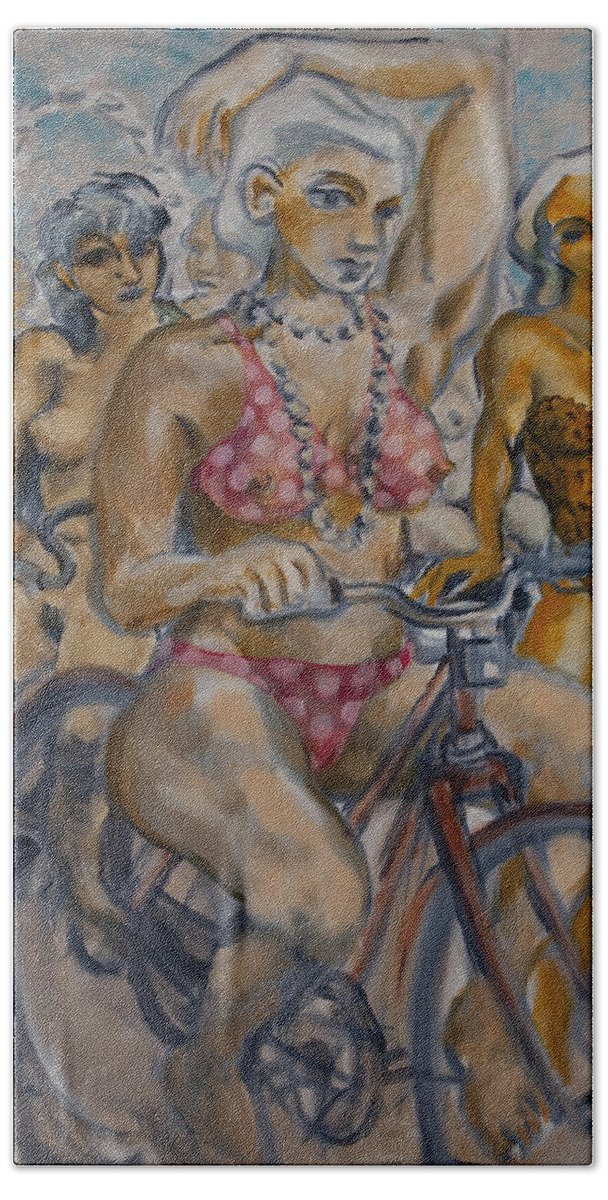 Nudes Bath Towel featuring the painting Painted ladies on the naked bike ride take a break in view of the London Eye by Peregrine Roskilly