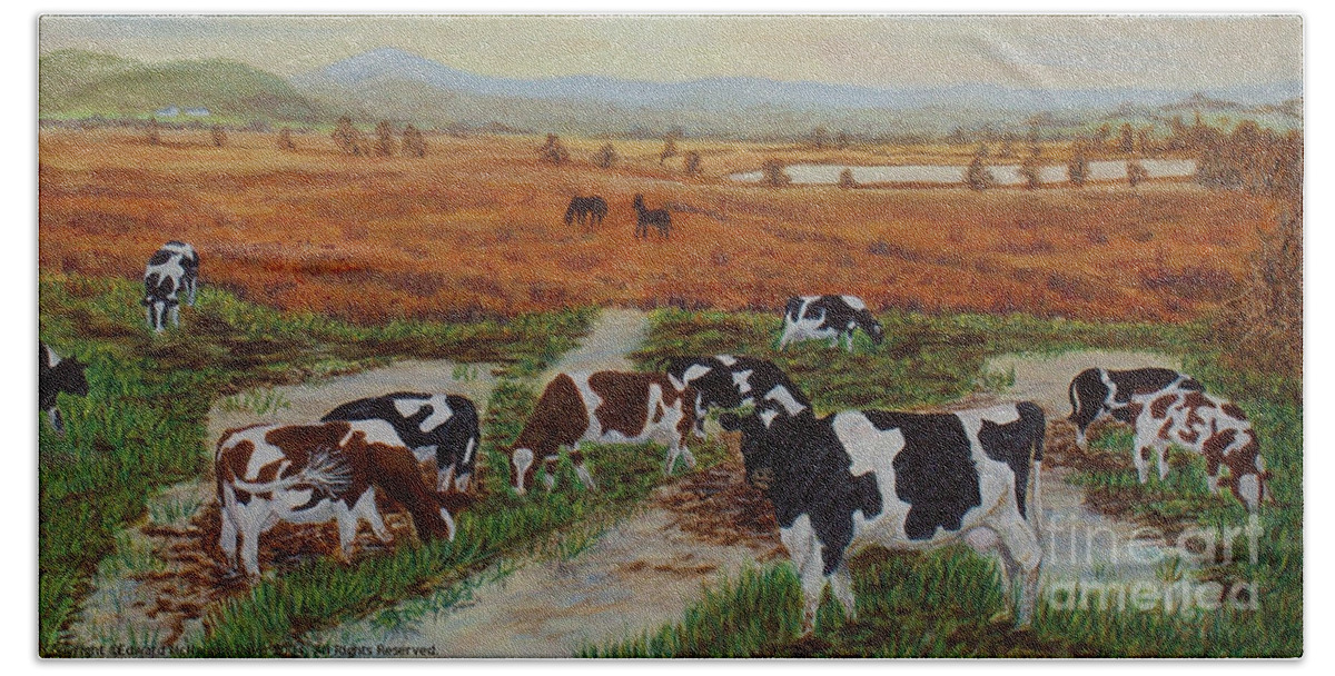Cors Caron Hand Towel featuring the painting Painting Cows on Cors Caron Tregaron by Edward McNaught-Davis