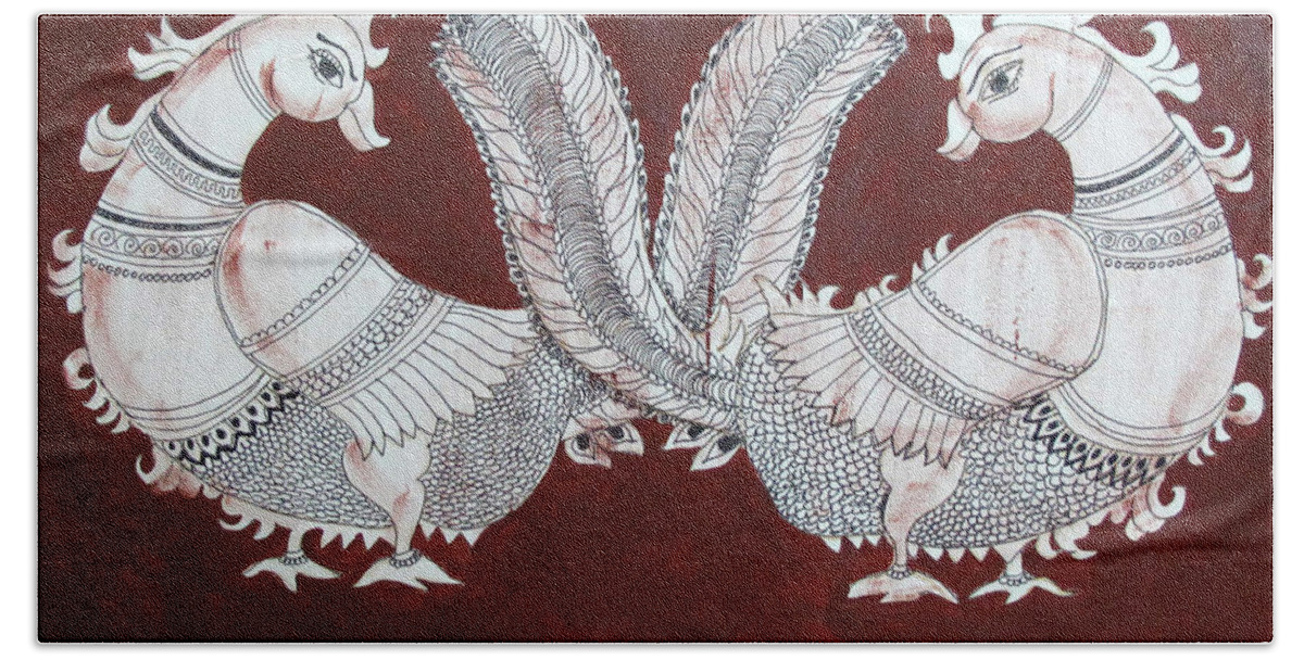 Kalamkari Style Bath Towel featuring the painting Peacocks by Asha Sudhaker Shenoy