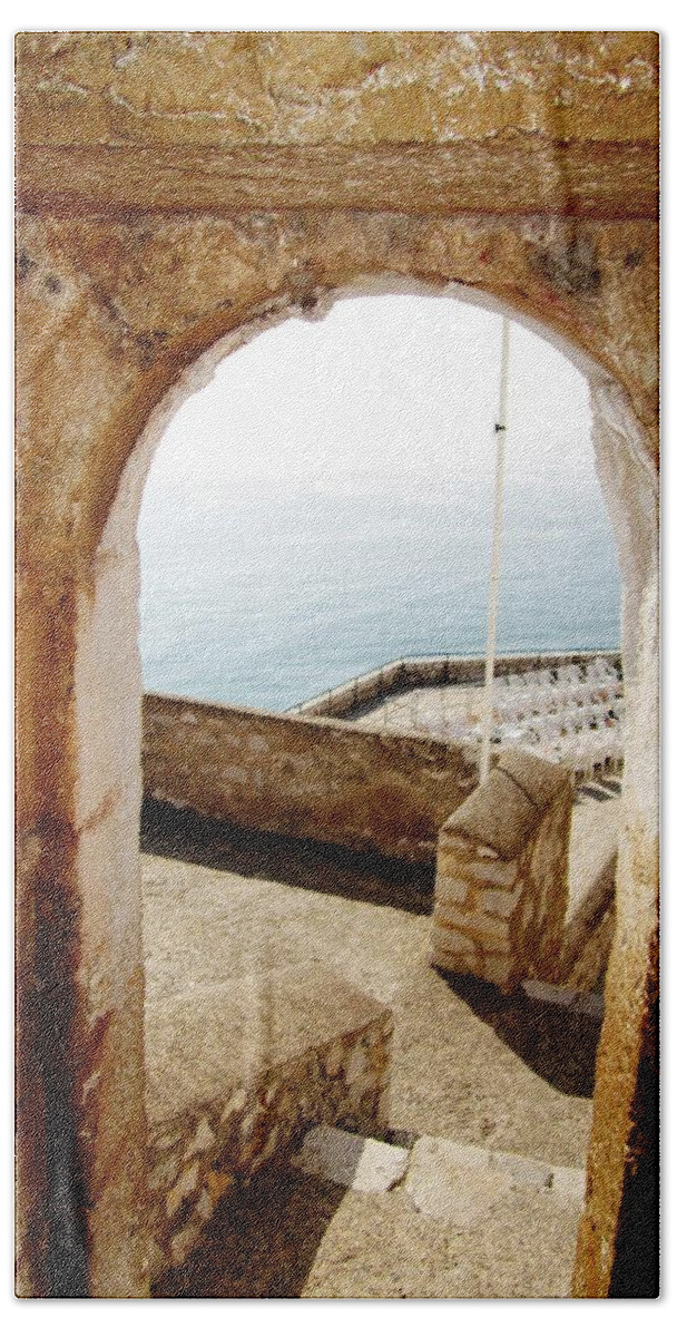 Peniscola Bath Towel featuring the photograph Peniscola Castle Arched Open Doorway Sea View II At the Mediterranean in Spain by John Shiron