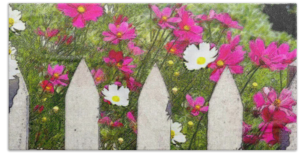  Bath Towel featuring the painting Pink Cosmos Flowers and White Picket Fence by Elaine Plesser