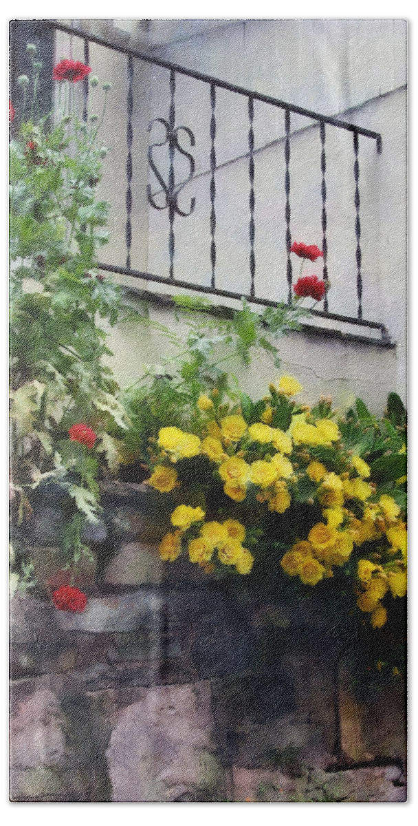 Geranium Bath Towel featuring the photograph Planter With Yellow Flowering Cactus by Susan Savad