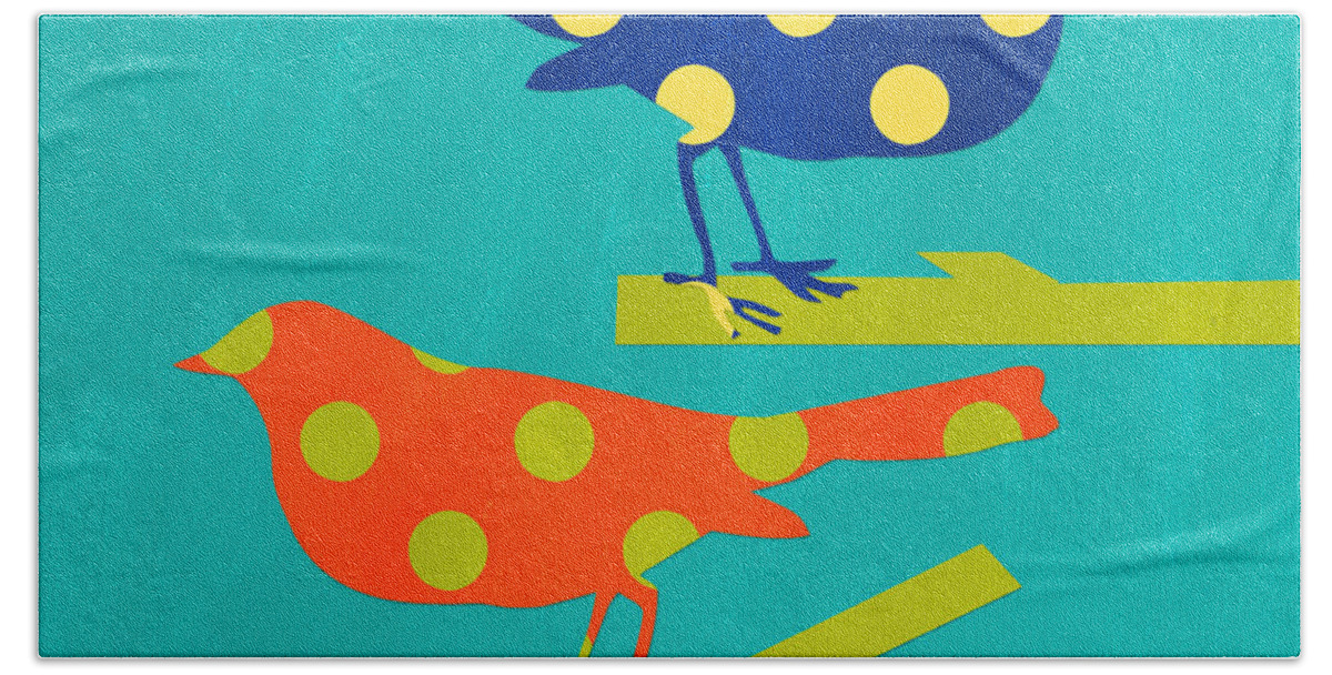 Bird Hand Towel featuring the mixed media Polka Dot Birds by Linda Woods