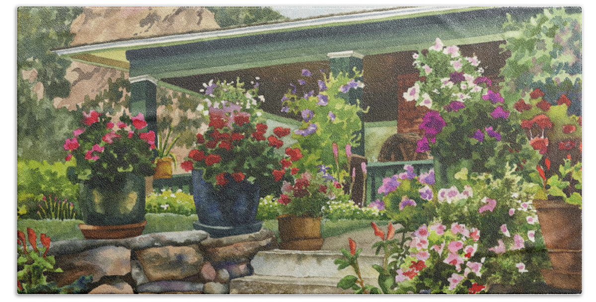 Garden Painting Hand Towel featuring the painting Porch Garden by Anne Gifford