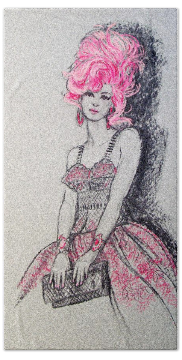 Pink Hair Bath Towel featuring the drawing Pretty in Pink Hair by Sue Halstenberg