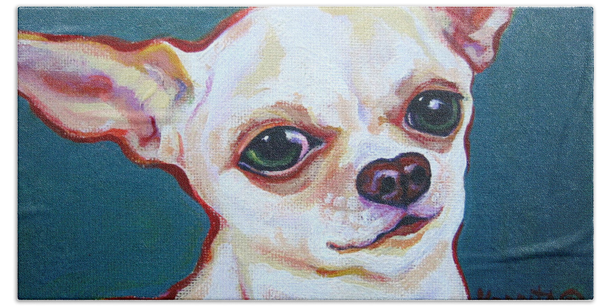Rebecca Korpita Bath Towel featuring the painting White Chihuahua - Puddy by Rebecca Korpita