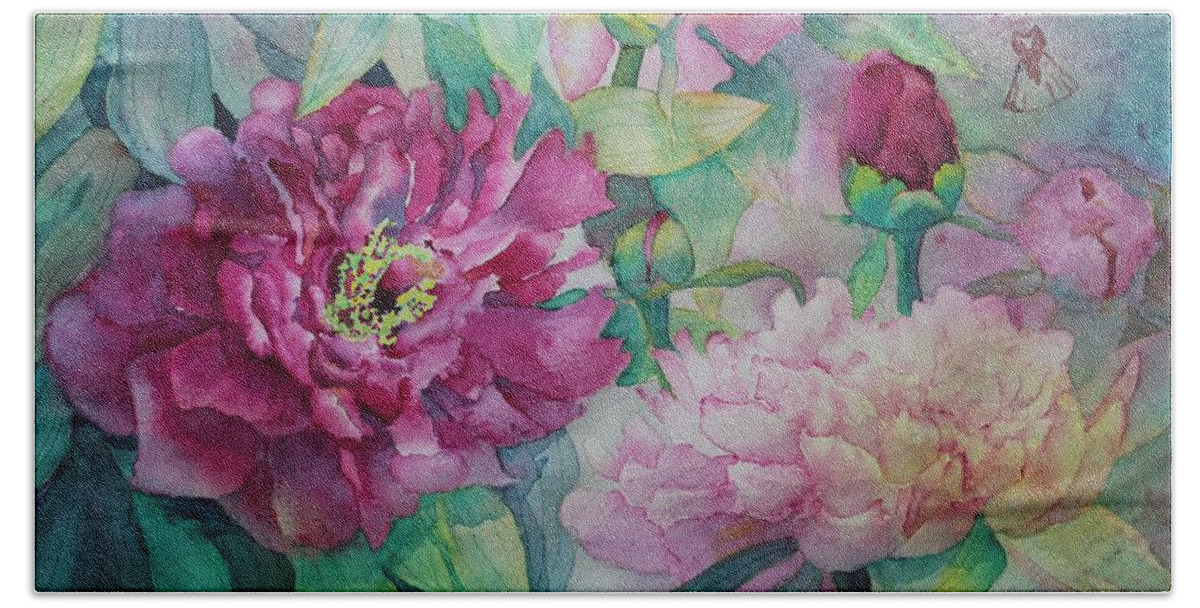 Peony Hand Towel featuring the painting Queen of the Garden by Ruth Kamenev
