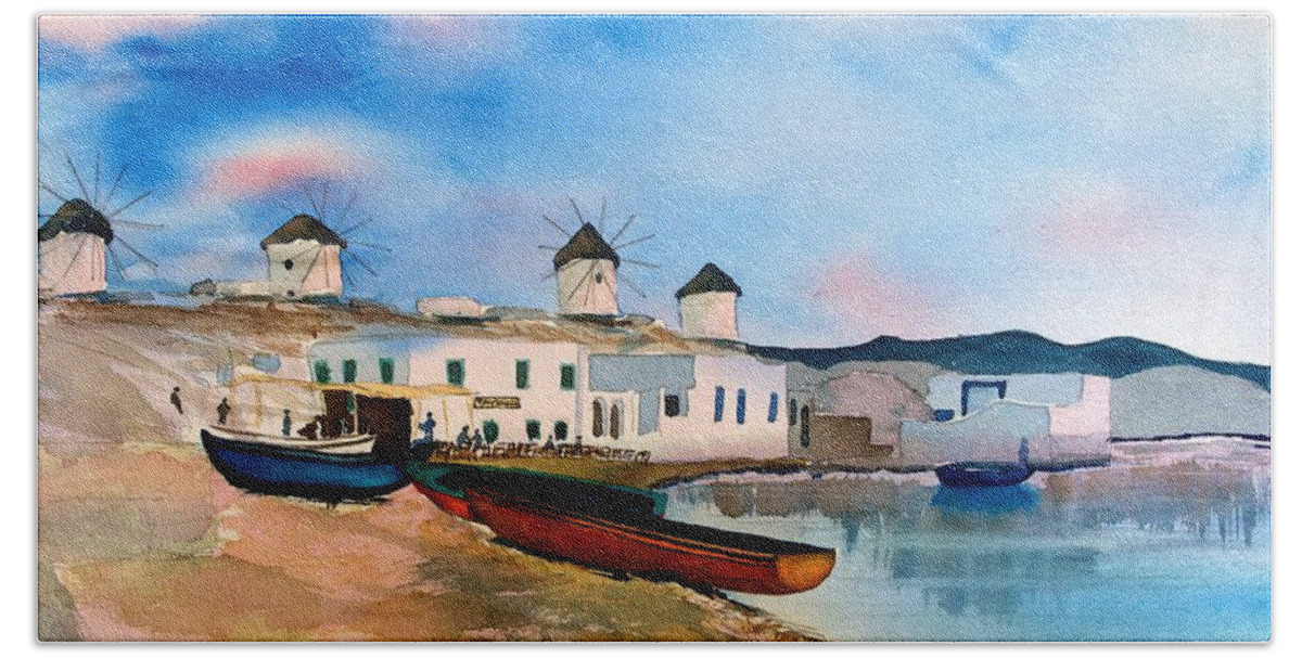 Mykonos Hand Towel featuring the painting Quiet Days by Frank SantAgata