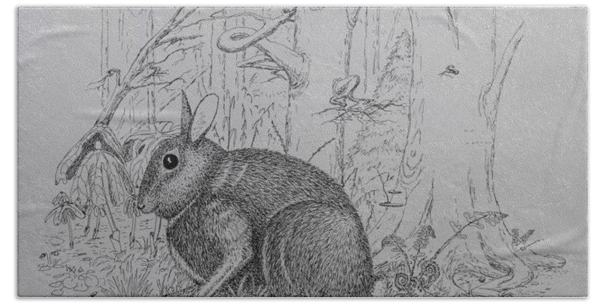 Nature Bath Towel featuring the drawing Rabbit In Woodland by Daniel Reed