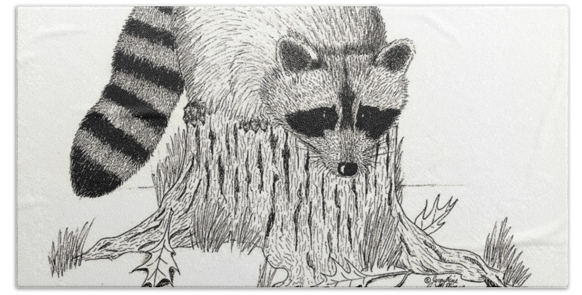 Raccoon Hand Towel featuring the drawing Raccoon and Monarch by Jackie Irwin