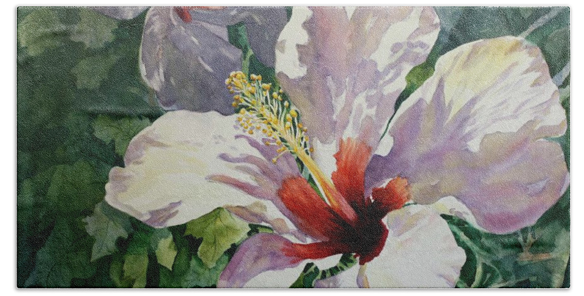White Hibiscus Bath Sheet featuring the painting Radiant Light - Hibiscus by Roxanne Tobaison