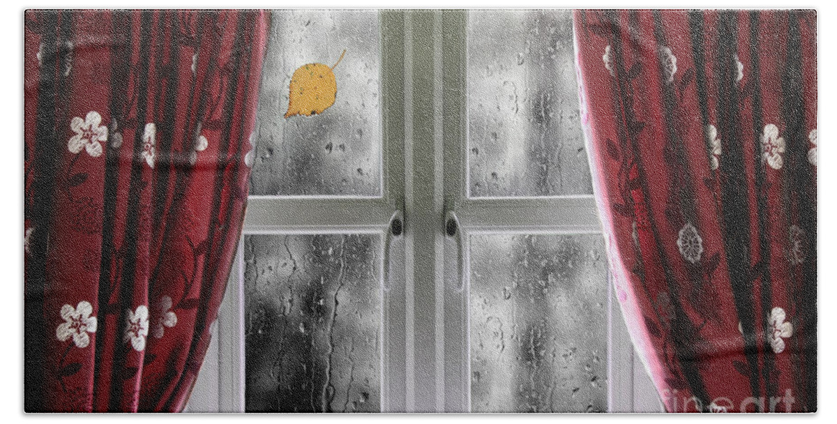 Window Hand Towel featuring the photograph Rain on a window with curtains by Simon Bratt
