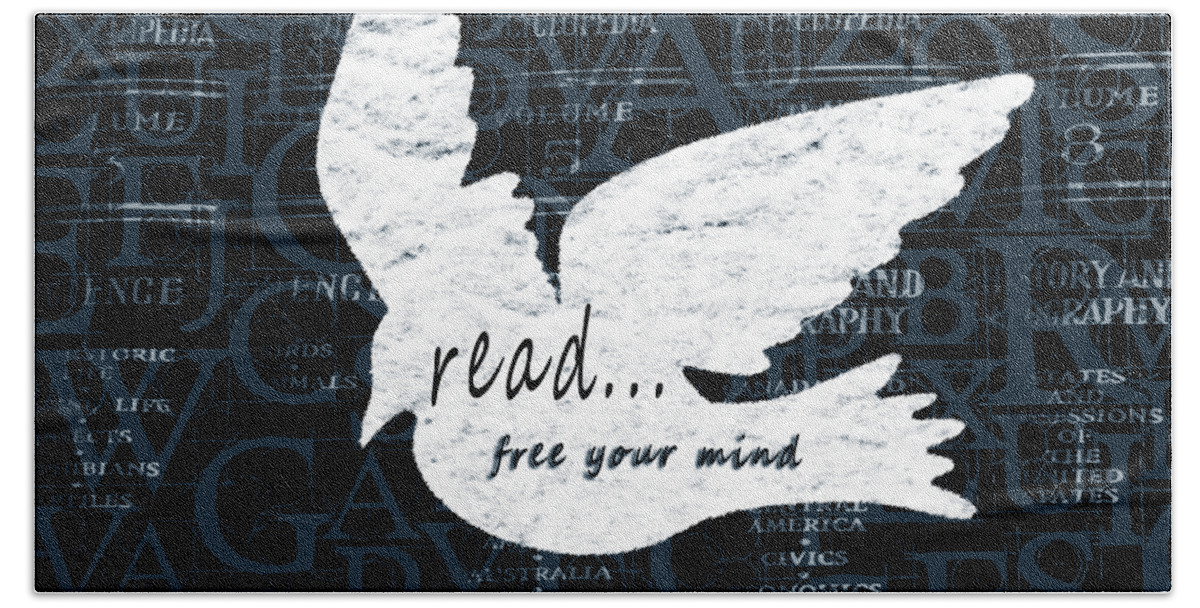 Silhouette Bath Towel featuring the mixed media Read Free Your Mind Teal by Angelina Tamez