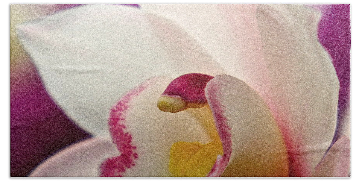 Orchid Macro Bath Towel featuring the photograph Ready And Willing by Byron Varvarigos