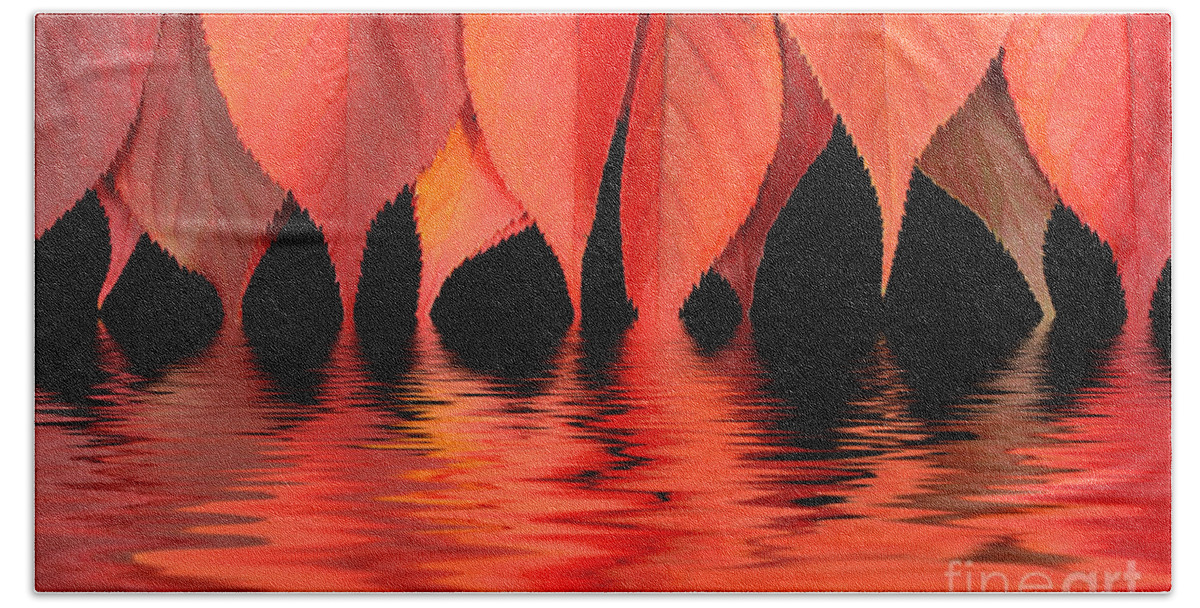 Flames Bath Towel featuring the photograph Red autumn leaves in water by Simon Bratt