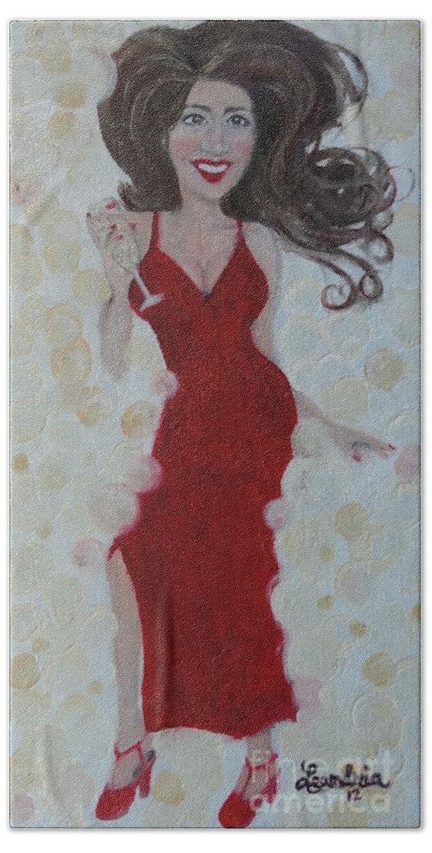 Leandria Goodman Hand Towel featuring the painting Red Champagne by Leandria Goodman