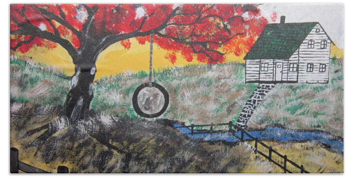Landscape Hand Towel featuring the painting Red Maple Swing by Jeffrey Koss